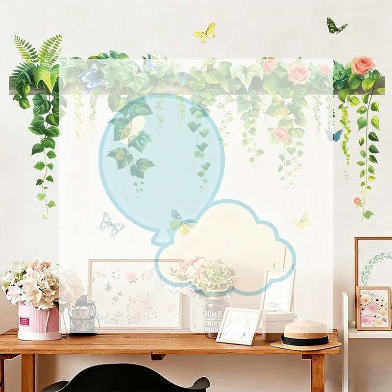 Green Vine Wall Decals With Pink Roses Butterfly Removable Self Adhesive For Bedroom Living Room Decor