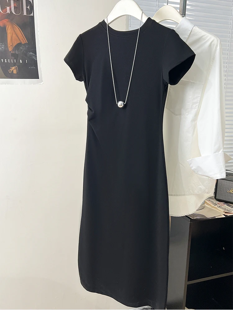 Vestido ceñido informal para mujer, camiseta de manga corta con cuello redondo fruncido, moda de verano, novedad de 2024