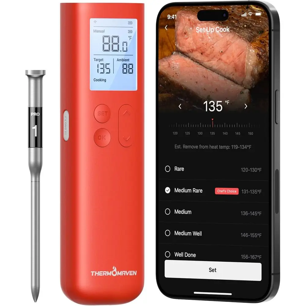 Bluetooth Wireless Meat Thermometer, Enhanced Sub-1G Signal, Stand Display Base, Certified Accuracy ±0.5°, Wi-Fi Range for BBQ,