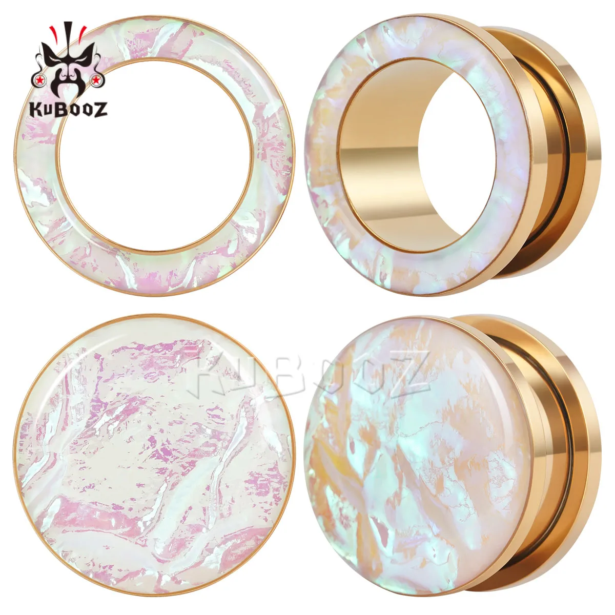 KUBOOZ Gold Plated Ear Tunnel Plugs with Pink Iridescent Shell Inlay Stainless Steel Ear Gauges Stretcher Piercing Jewelry Gift