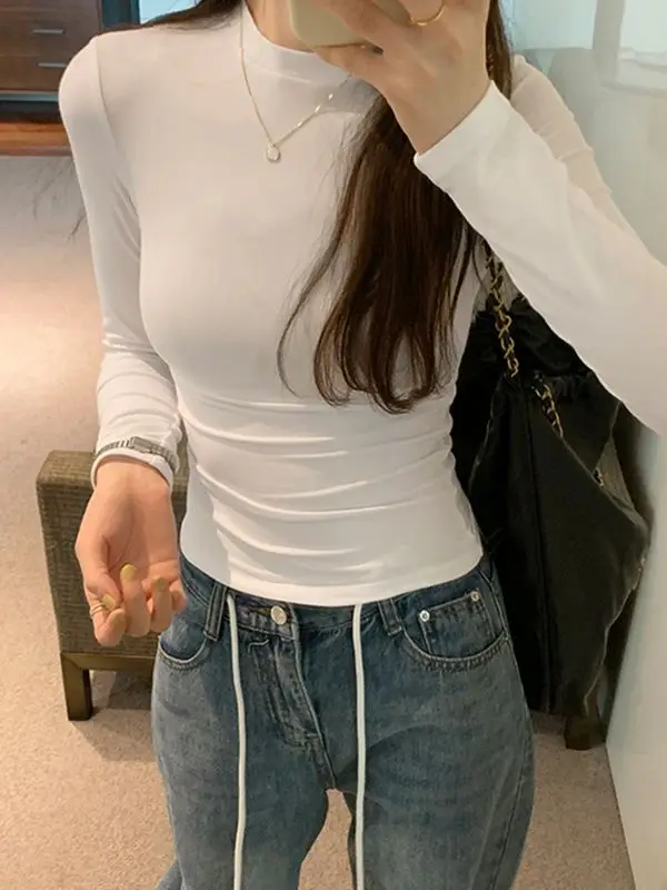 Casual Basic Velvet Bottoming T-shirt for Women Autumn New Simple Slim Fit Stretch Layering Tee Solid Color Long Sleeve Tops