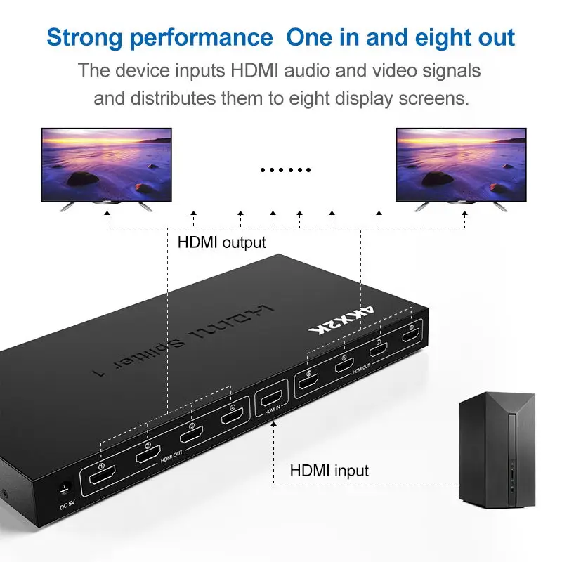 Divisor de vídeo 4K y 8 vías, 1 en 8 salidas, amplificador, convertidor de Audio para ordenador portátil, PC, TV y Monitor