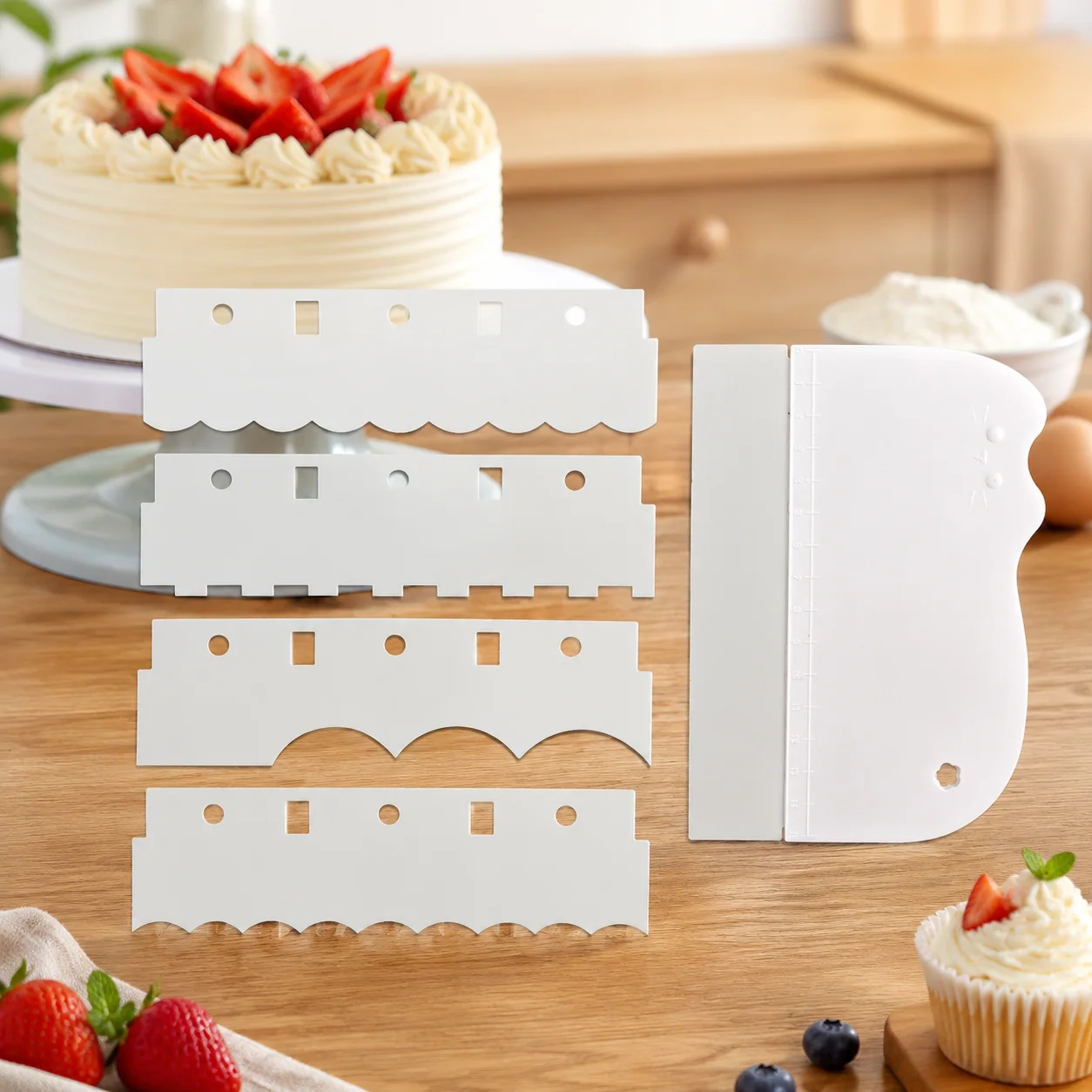 5-in-1 Cake Scraper With Scale, Cute Cat Handle Replaceable Blades, Buttercream Icing Texture Comb Baking Decor Tool