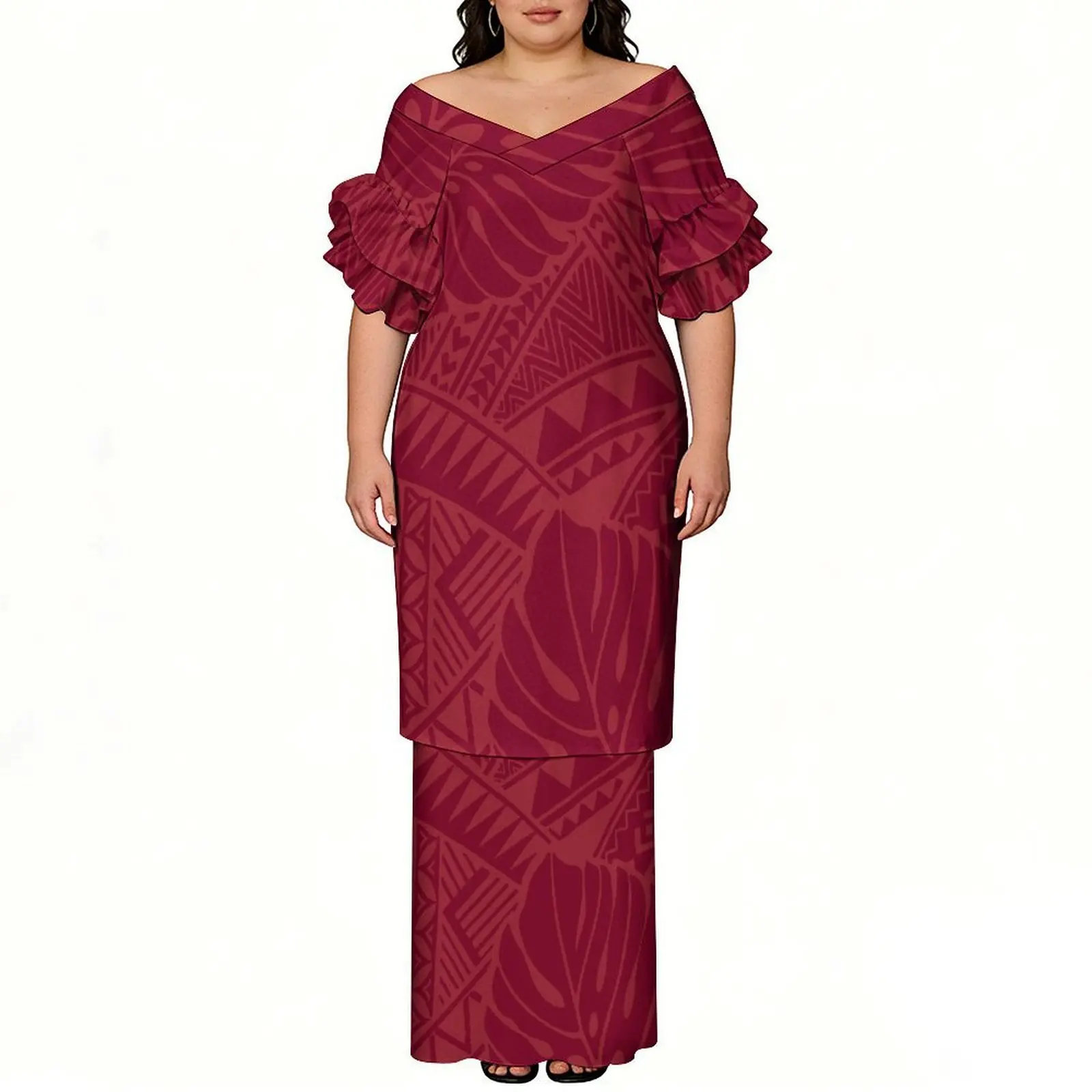 Soft Fabric Short-Sleeved Tops And Long Dresses Polynesia Lotus Sleeves Two-Piece Floor-Length Dress 3d Printed Pattern Puletasi