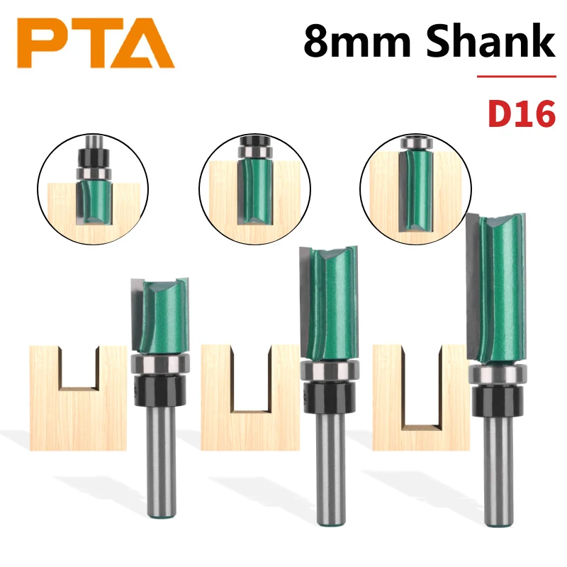 PTA 8MM Shank D16MM Pattern Bit Flush TrimRouter Bit Woodworking Milling Cutter For Wood Bit Face Mill Carbide Cutter End Mill