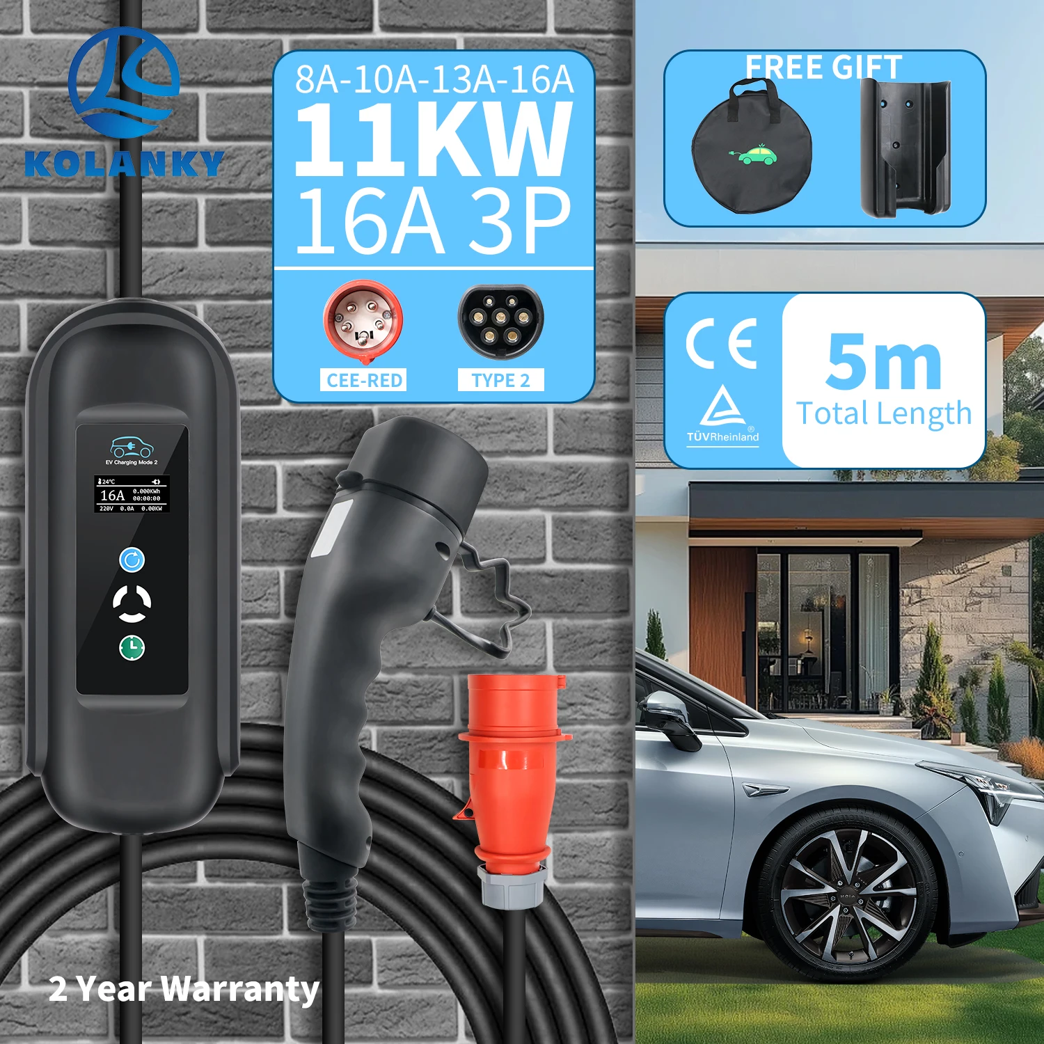 Kolanky EV شاحن محمول Type2 موصل قابس 16A 3 المرحلة 11KW 5m محطة شحن صندوق الحائط لشحن السيارة الكهربائية من النوع 2