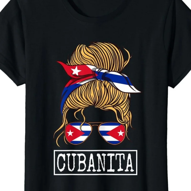 Camiseta de algodón 100% Cubanita para mujer, ropa con pelo desordenado, sin moño, Bandera de Cuba, informal, cómoda,