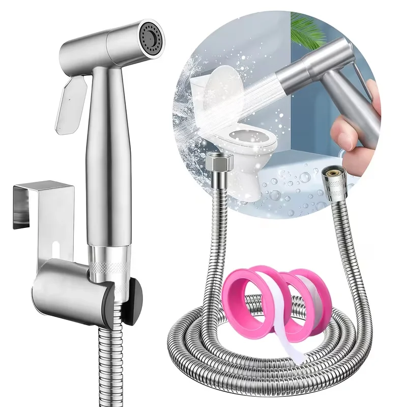 Non-Drilling Toilet Cleaning Gun with Stainless Steel Hose Adhesive Tape Included Hook for Easy Installation Bathroom Cleaning