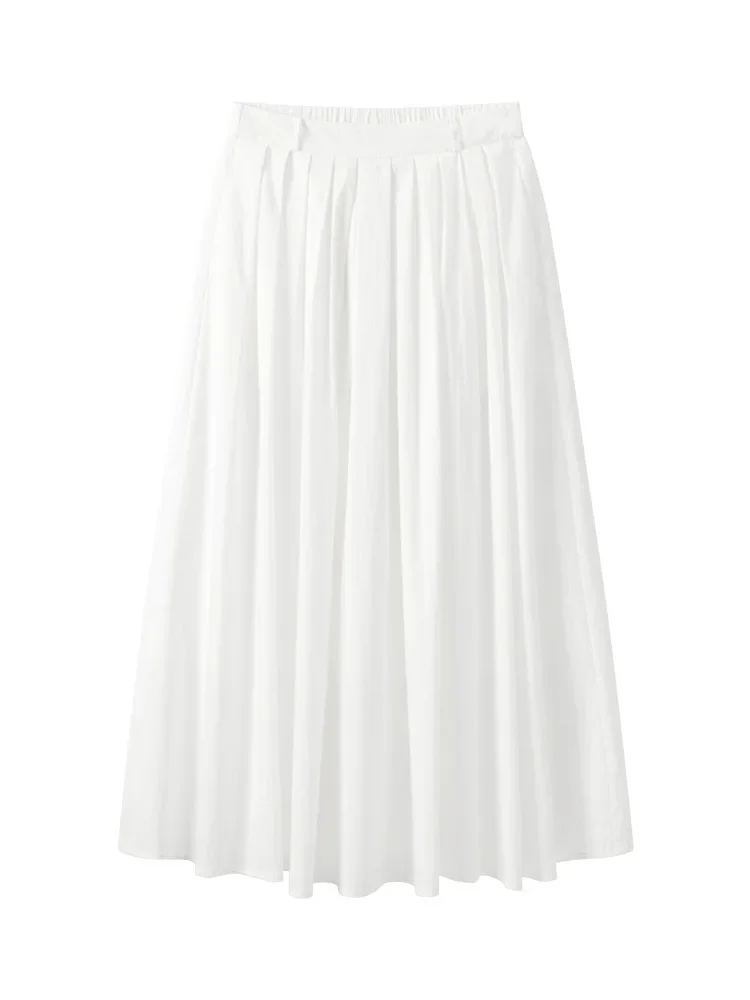 High Waist White A-Line Midi Skirt Women Summer Loose Fit Flowy Pleated Skirt Slimming Elastic Waist Flared Skirt Casual Wear