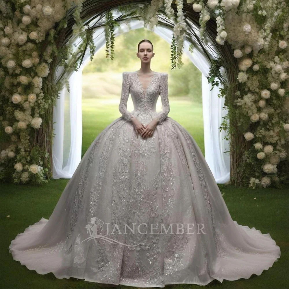 

Jancember First-rate Flash Sale Wedding Dresses For Women Organza Ball Gown V-neck Full Sleeves Lace Up Backless Robe De Mariée