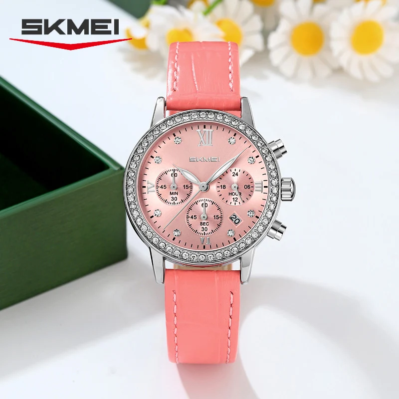 SKMEI 9384 Fashion Women Quartz Watch Multifunction Chronograph Calendar Leather Strap Elegant Business Watches for Woman
