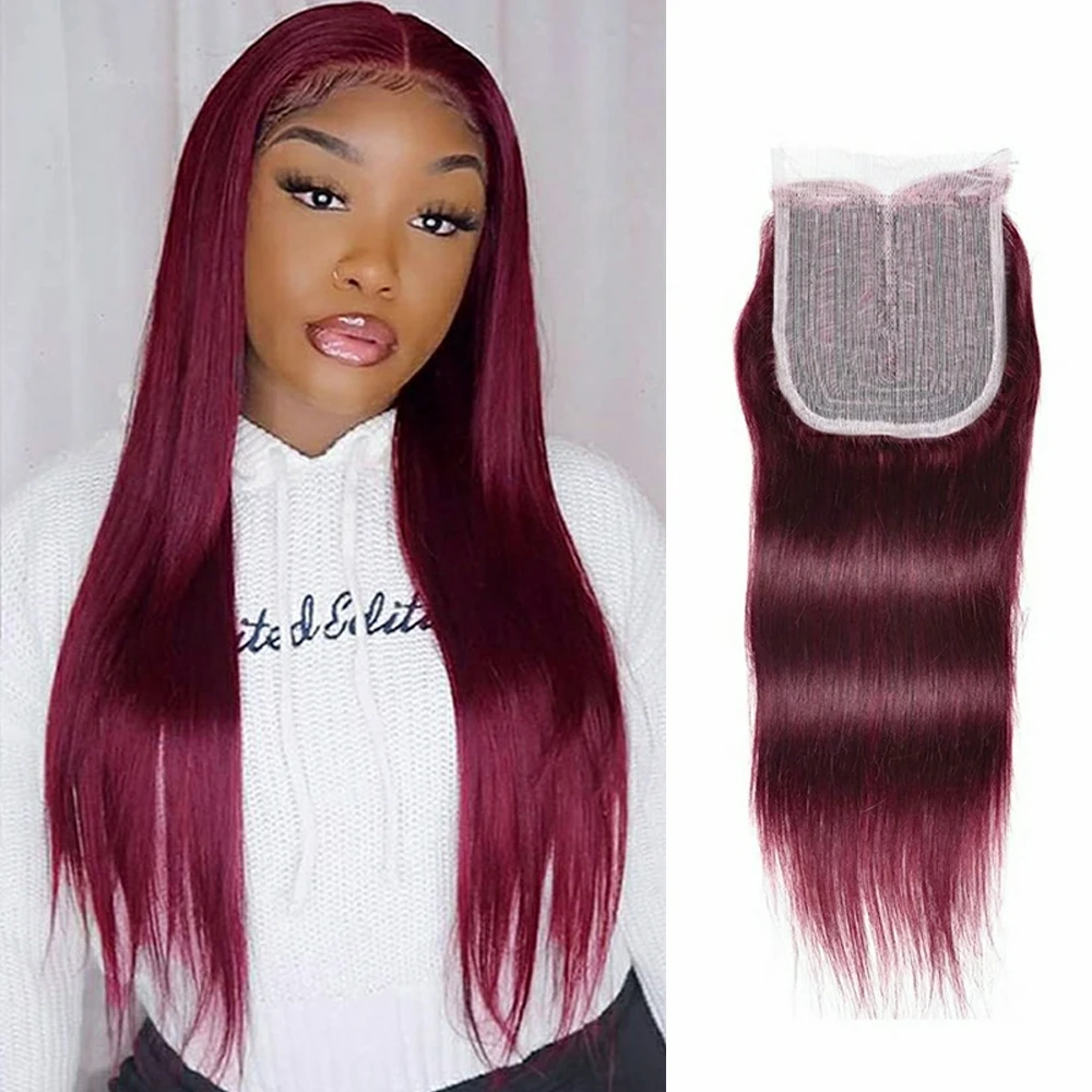 Sapphire 99J Burgundy 4X1 Lace Closure Invisible Transparent Lace Bone Straight T Part Lace Closure Human Hair Remy Pre Plucked