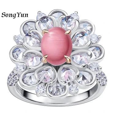 SONGYUN High Carbon Gemstones JewelryS925 Sterling Silver Oval Natural Conch Pearl Firework Ring, Niche Design Simulated Diamond