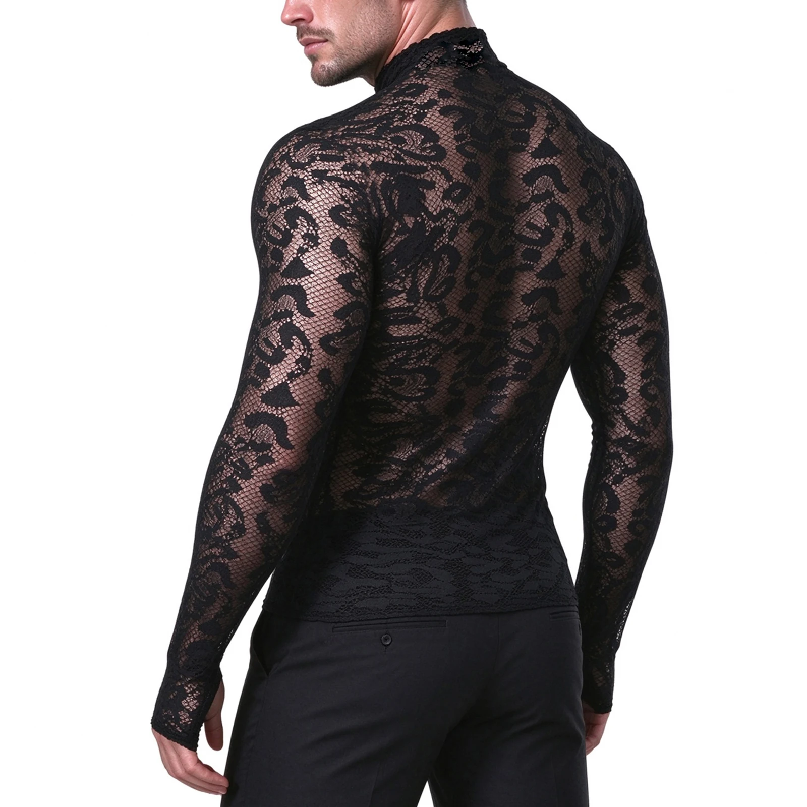 Sheer Lace Leopard Undershirt Men Long Sleeve Tops Sheer T-Shirt Autumn Mock Neck See-through Tshirt Thumb Hole Mesh Clothing