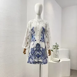 White Blue Floral Print Long Sleeve Lace Embroidery Mini Dress Elegant Ladies Holiday New High Quality