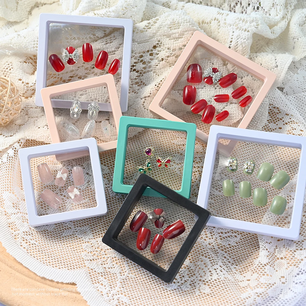 1pc PE Film Suspension False Nails Jewelry Display Box 3D Albums Floating Frame Holder Clear Dustproof Organizer Display Case *&