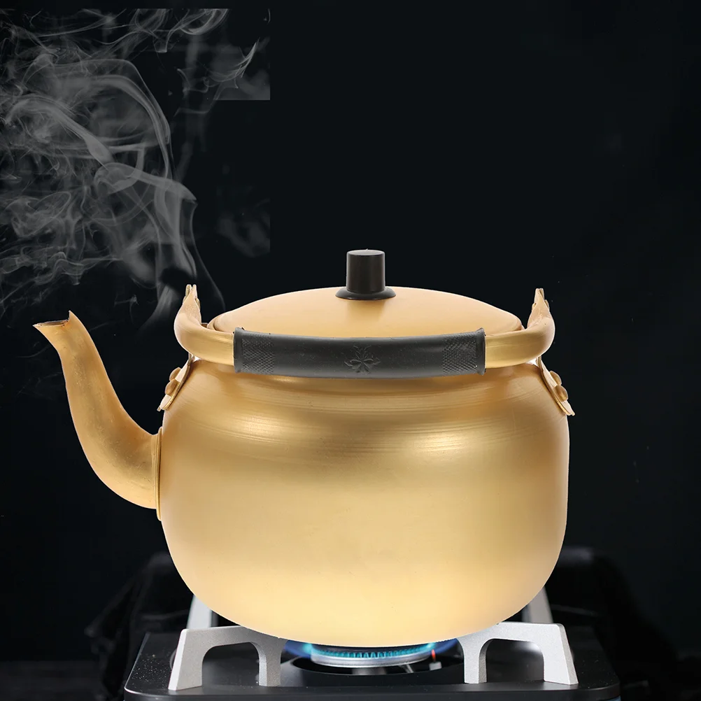 

Vintage Aluminum Kettle Golden Water Teapot Metal Stovetop Korean Style Heating Boiling Open Flame