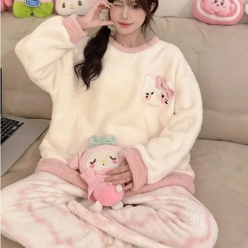 Sanrio HelloKitty Pajama Women's Fall/Winter Half Velvet Pink Sweet Cute Long Sleeve with Velvet and Thick Coral Velvet Homewear