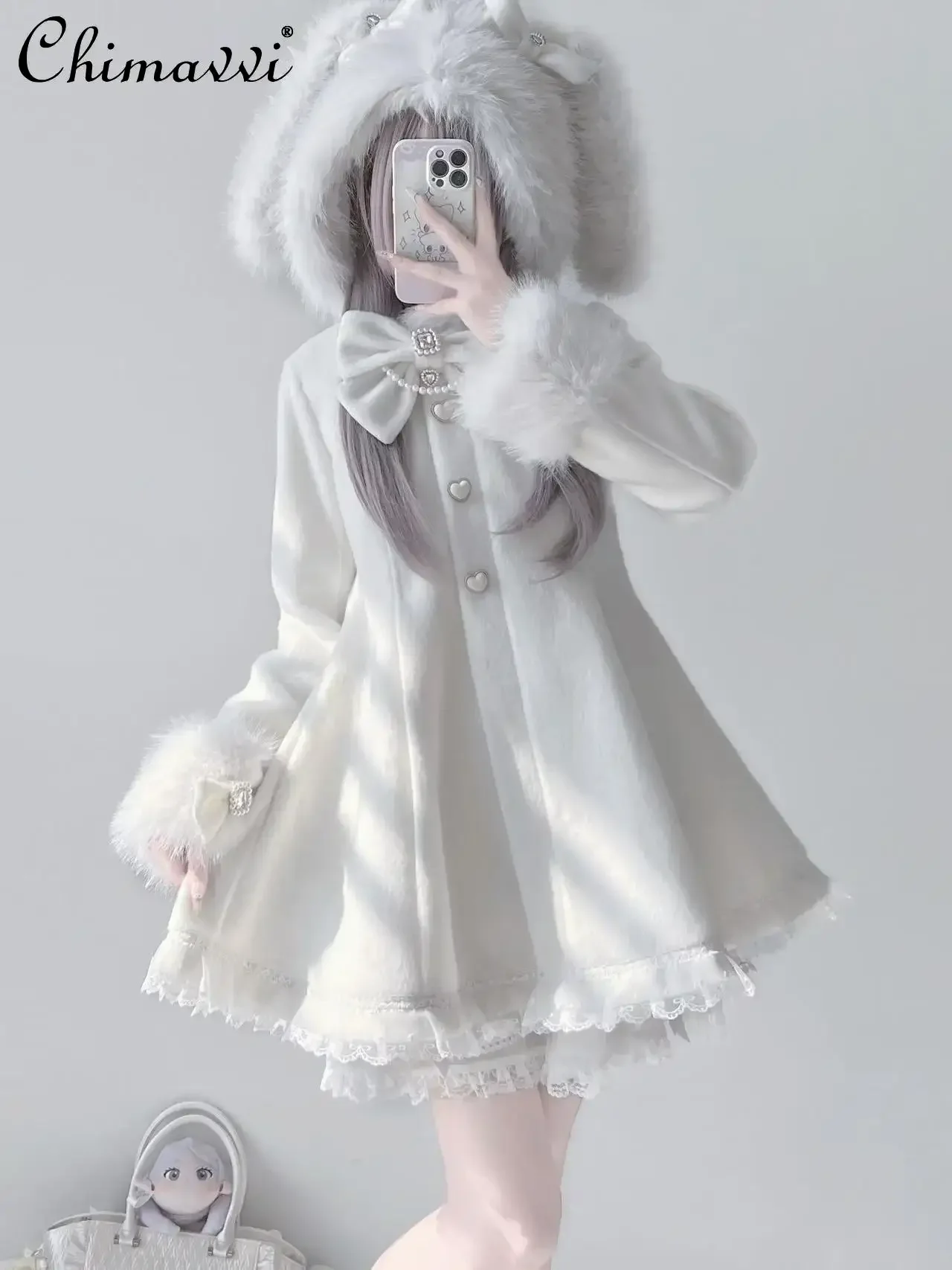 Japanse Mijn-serie In massa geproduceerde pluche oor konijn strik kant wolmix jas winter nieuwe Lolita slim-fit temperament meisjesjas