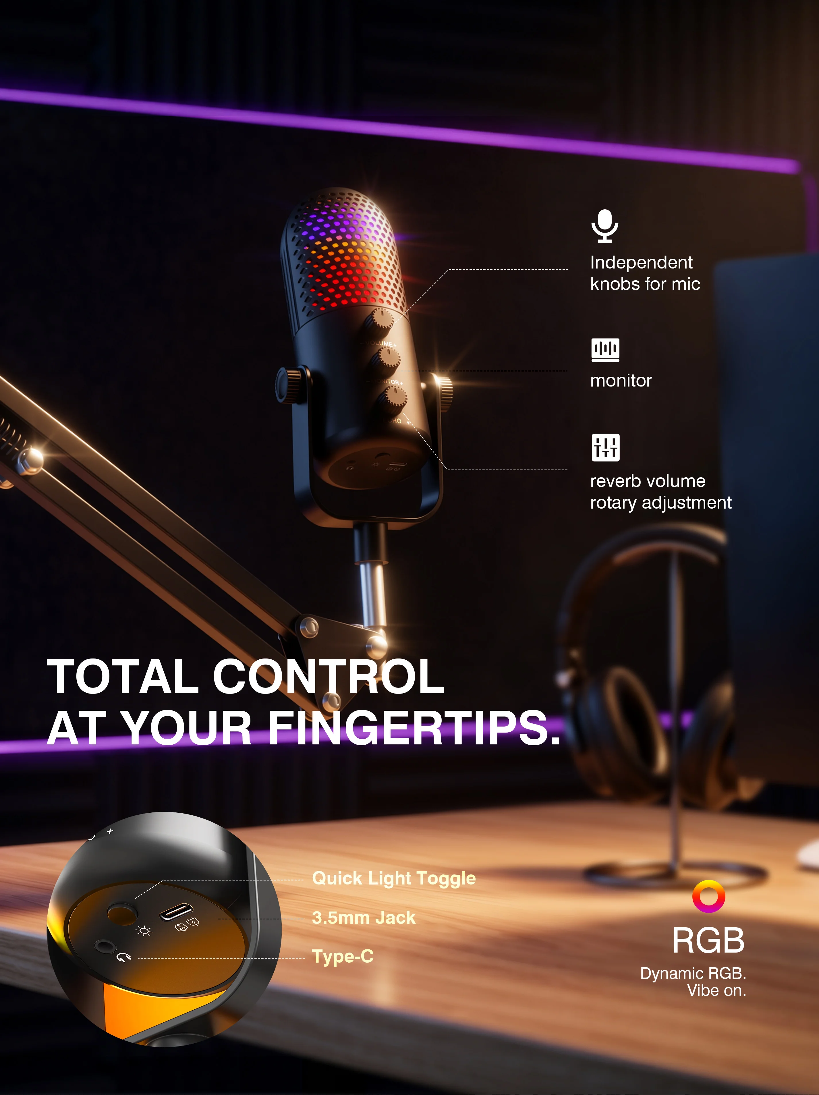 Dynamic Gaming Microphone Kit,Boom Arm Included, Noise Reduction RGB Tap Mute&Gain Control,for LiveStreaming andPodcastRecording