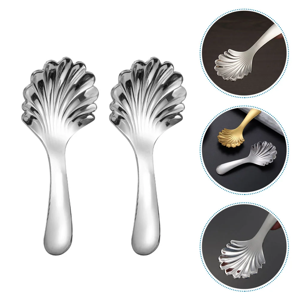 2 Pcs Stainless Steel Teaspoon Shell Serving Spoons Dinner Metal Compact Scoop Thicken