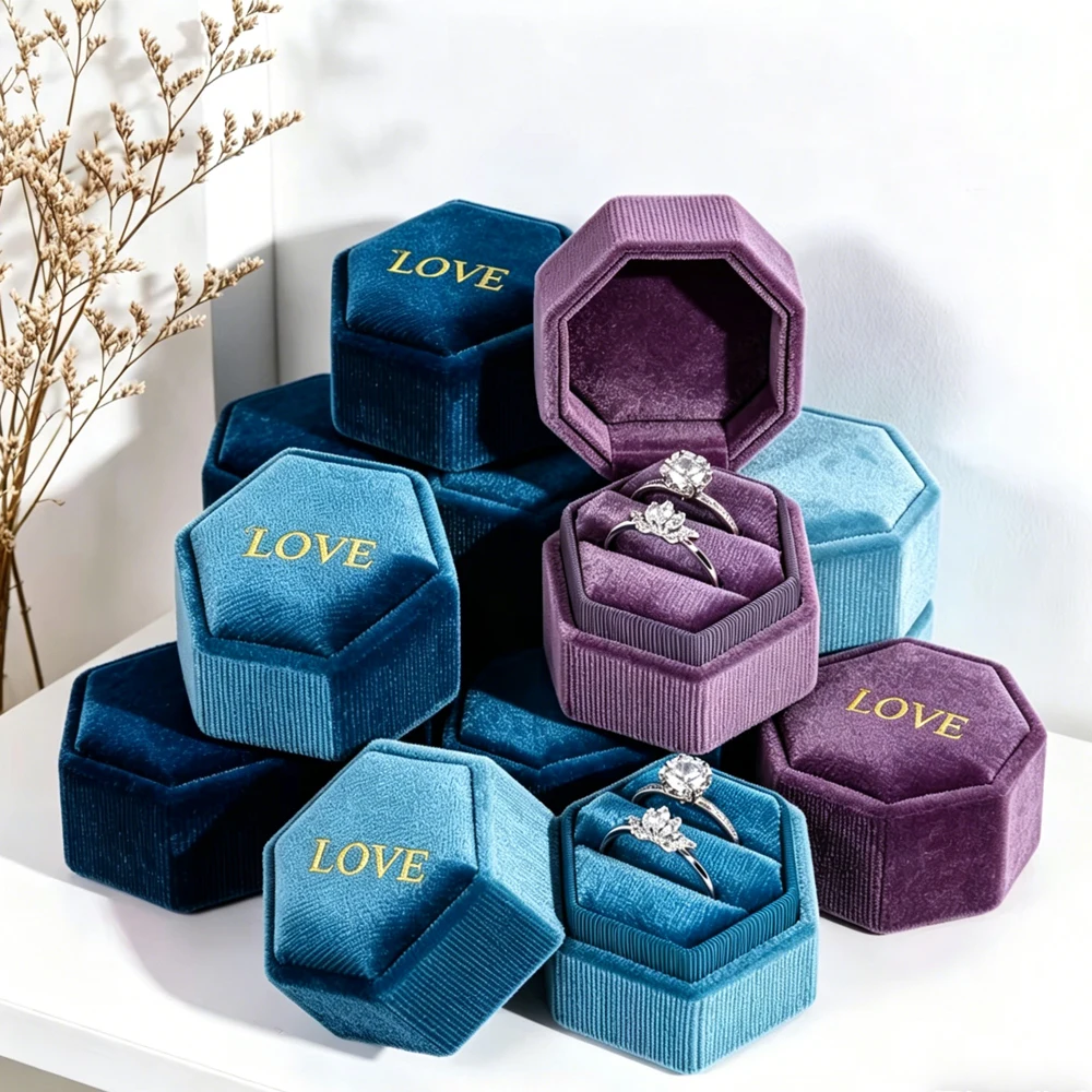 

20/50/100Pcs Custom Logo Velvet Ring Box Hexagonal Shape 2 Slots Jewelry Box Double Rings Storage Case For Engagement Wedding