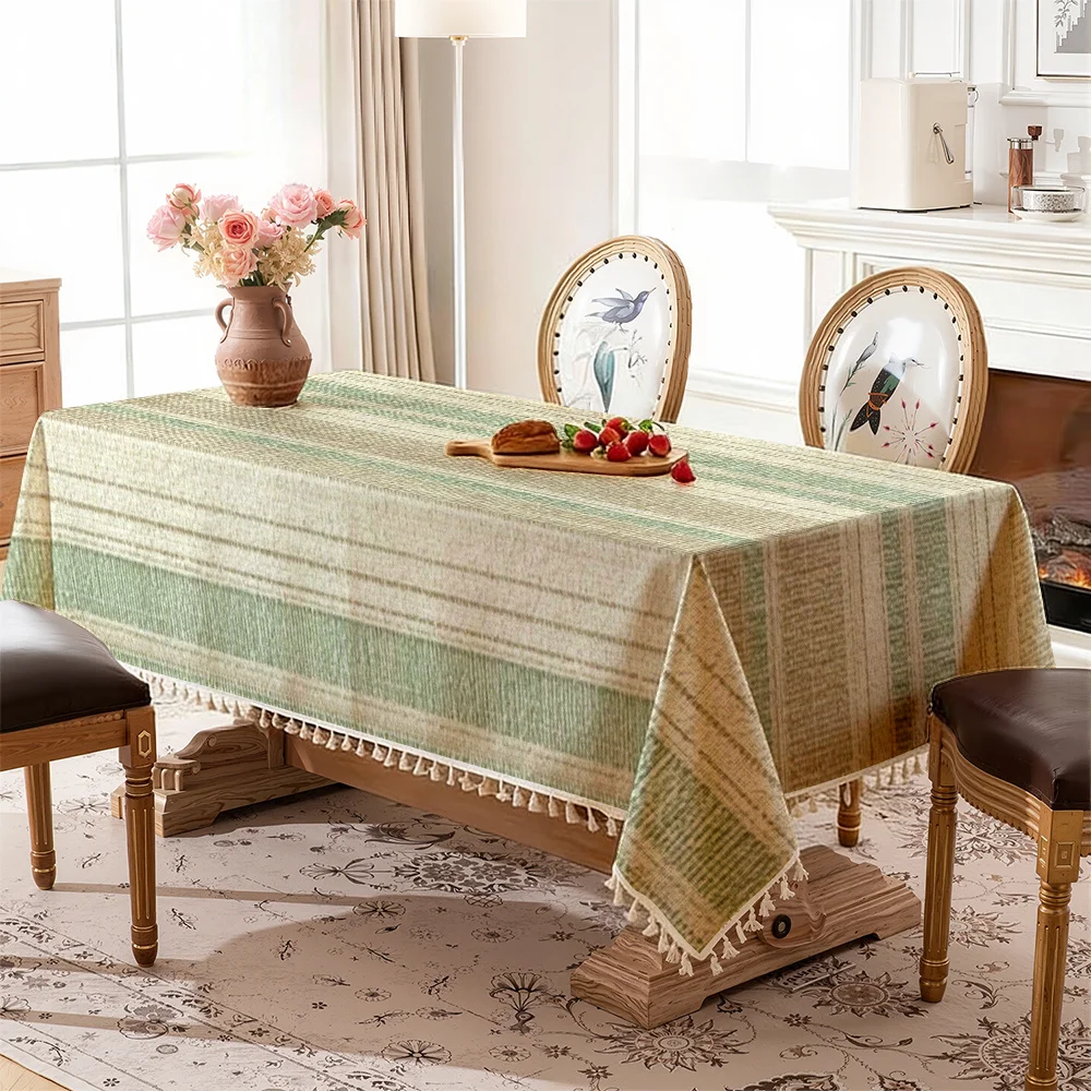 2D Flat 2026 Spring New Natural Green Brown Linen Texture Stripe Forest Retro Printed Tassel Tablecloth