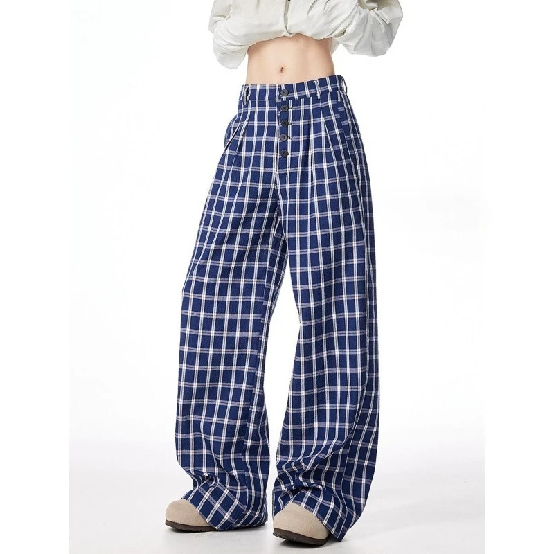 

Синие брюки в клетку с широкими штанинами, женские прямые брюки с пуговицами спереди, свободного кроя, в пол, в корейском стиле Y2K, уличная одежда, повседневные брюки