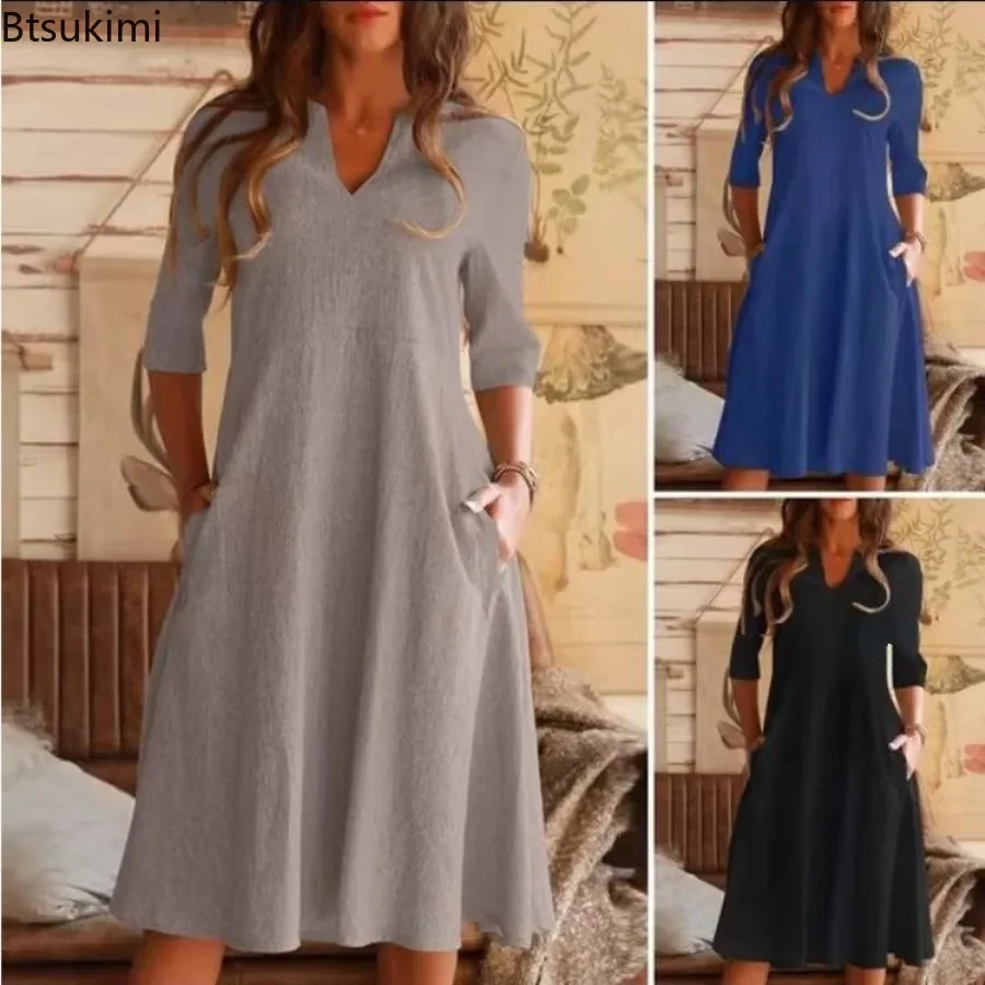 

New Cotton Linen Vintage Solid Mini Dress for Women Summer Fashion V-neck Half Sleeve Casual Dress Ladies Beach Holiday Vestidos