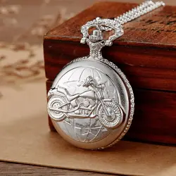 High Quality Full Metal Silver motorcycle Silver Watch Pendant Men's Quartz Pocket Watches Necklace Gift Reloj De Bolsillo 2023