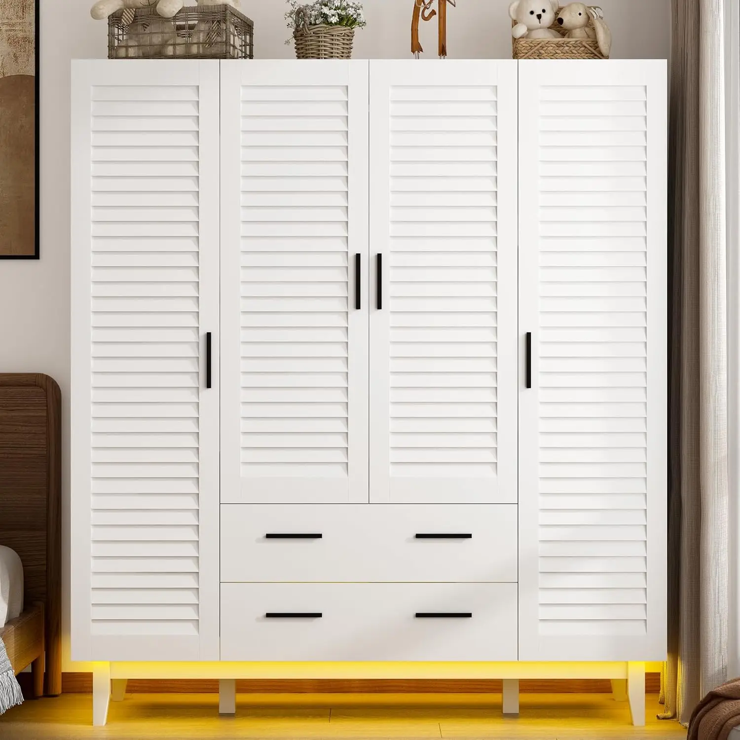 4 Door Armoire Wardrobe Closet Cabinet With Drawers And Led Lights, Multi-Tier Shelves, Hanging Rod & 4 Louver Doors, Large