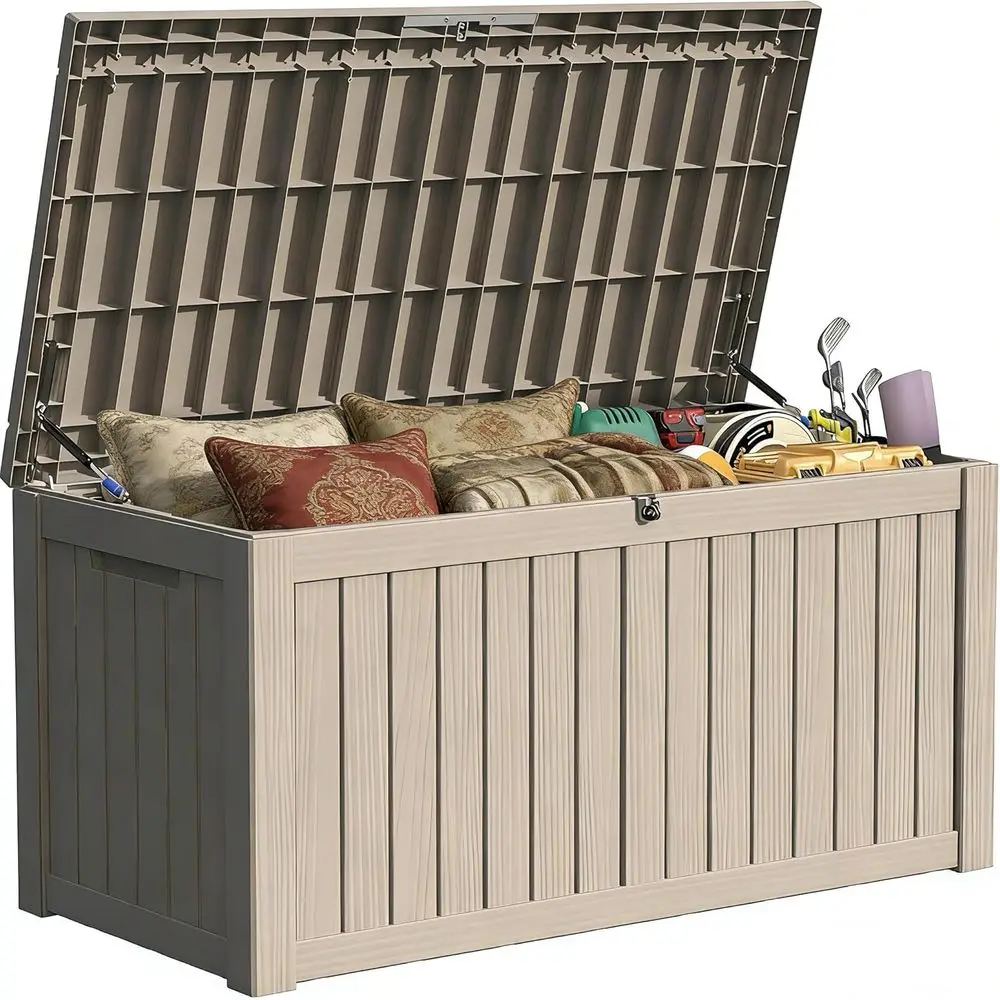 150 Gallon Weatherproof Outdoor Storage Box with Bench and Lockable Lid - Ideal for Patio Furniture, Garden Tools, and Indoor Cu