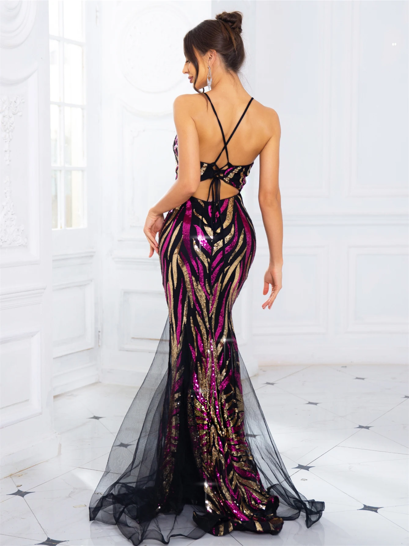 Sexy Luxury V Neck Prom Gown Lace Up Sleeveless Multi Color A Line Mesh Evening Party Maxi Dress