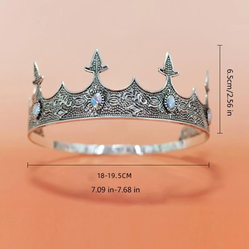 652F Metal King Crowns Tiaras with Gemstones for Men Cosplay Accessories for Weddings and Themed Parties Formal Event