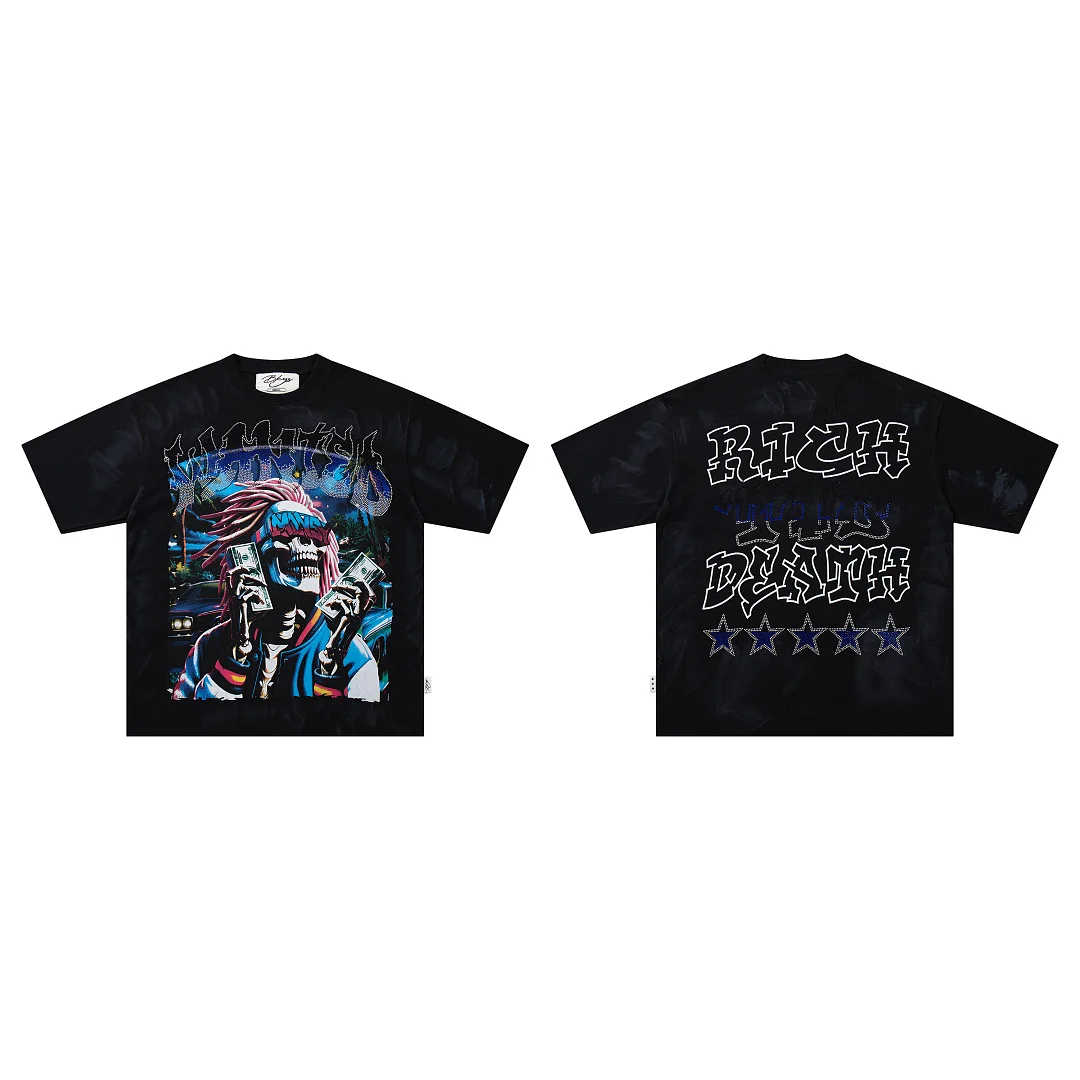 2026 BKYS Top Version Washed Rich Skeleton Printed Diamond Patched Women Men Oversized T shirts tees Heavy Cotton Men T shirt