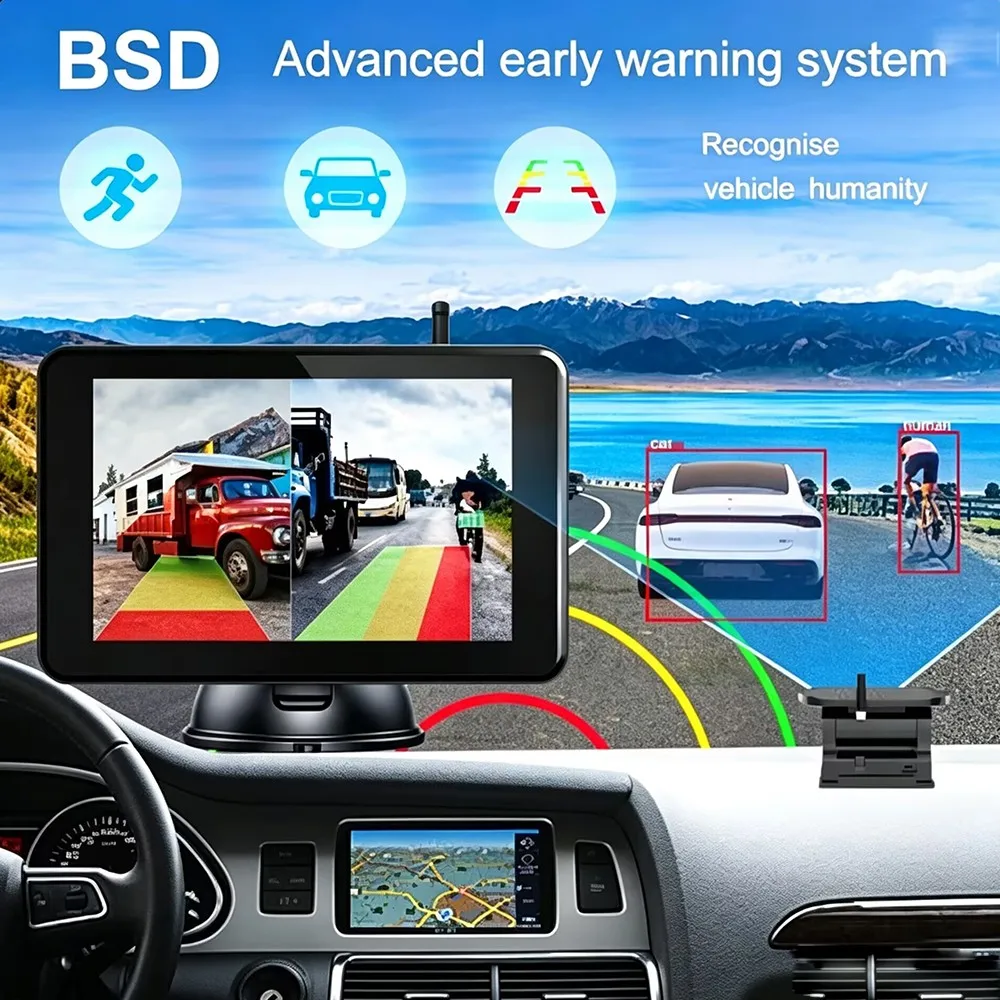 Magnetic Solar Charging Wireless Parking Camera 5'' DVR Monitor BSD Blind Spot Alarm Rear View Backup Cam for Truck RV Trailer