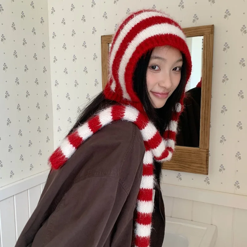 Koreanische Gestreifte Gestrickte Pullover-Bombermütze Winter Warmer Ohrenschutz Schal Integrierter Nackenschutz Sturmhaube für Damen – Detail 1