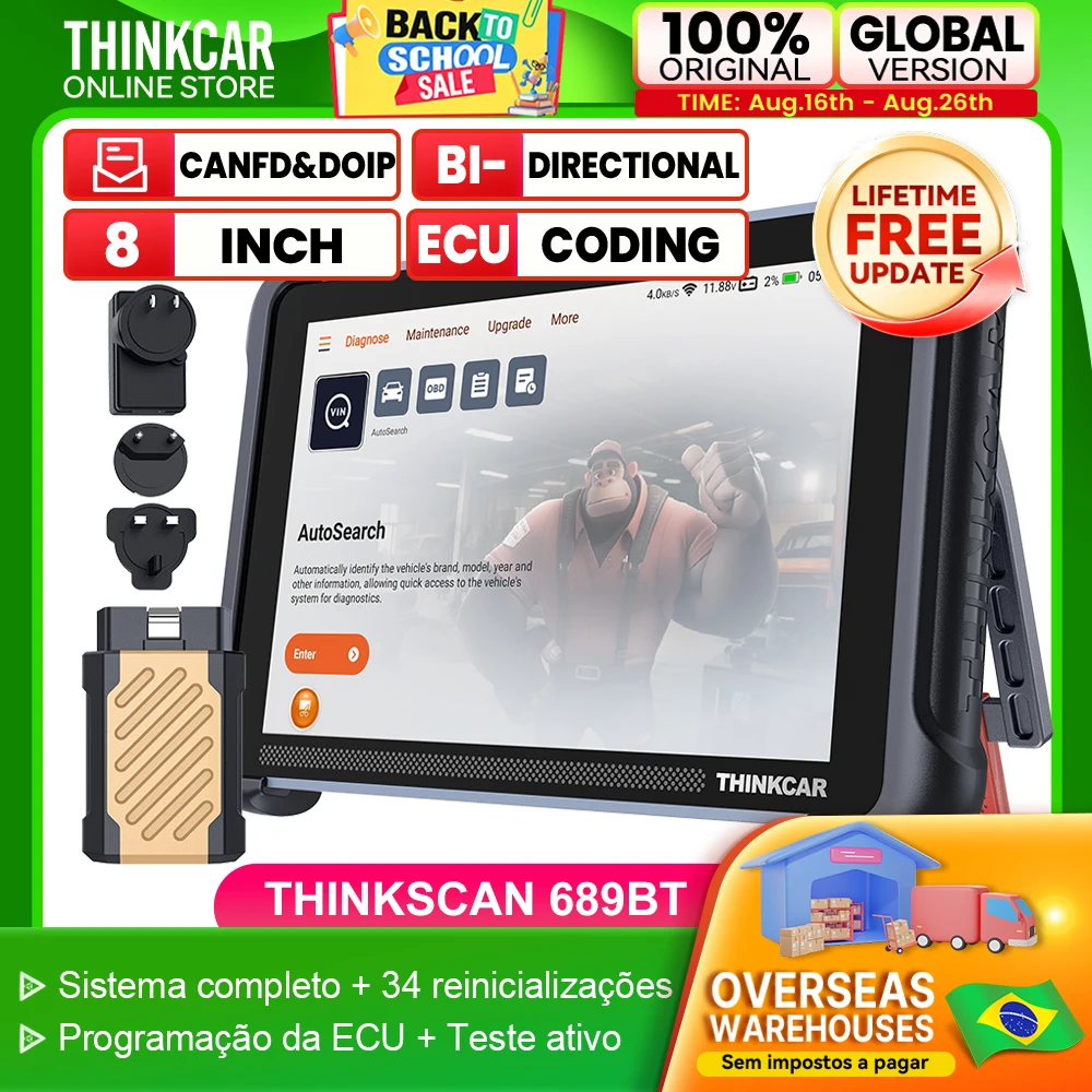 THINKCAR Thinkscan 689BT Ferramentas de Diagnóstico OBD2, Scanner Automotivo de Sistema Completo com 34 Funções de Redefinição, Codificação de ECU Automotiva, Bidirecional CANFD&DoIP
