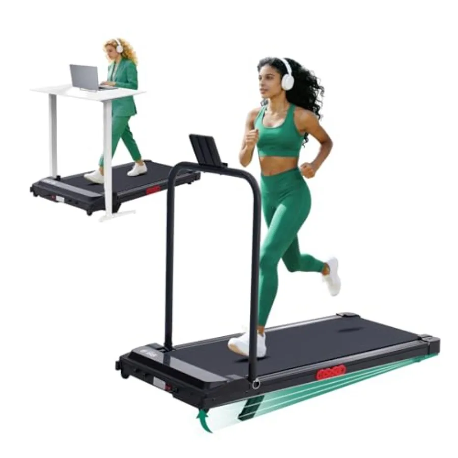 Under desk walking pad treadmill with handle bar and incline for home use black ABS plastic 0.6-7.6MPH speed range 350LBS ccity