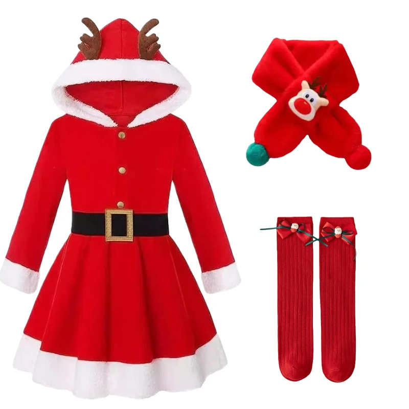 

Christmas Elk Cosplay Red Long Hooded Dress with Accessories Full Set for Girls Princess Dresses Xmas Theme Party New Year