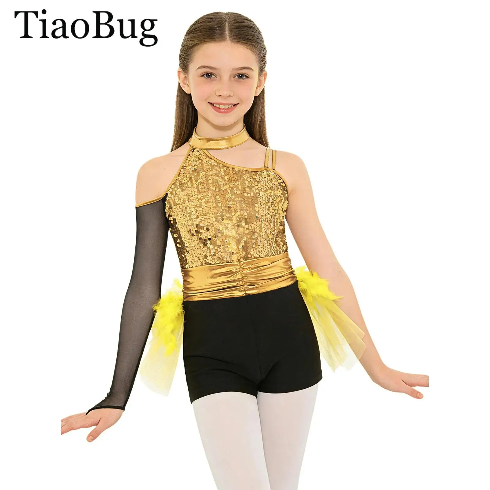 

Kids Girls Sequins Dance Unitard Feather Tulle Skirted Ballet Tutu Leotard Latin Jazz Dance Jumpsuit Gymnastics Skating Bodysuit