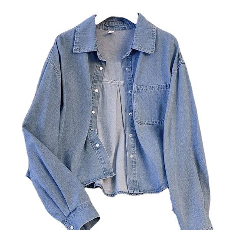 Jaqueta jeans retrô feminina, camisa feminina de manga comprida, casaco azul casual, solta e versátil, monocromática, nova, primavera e outono, 2024