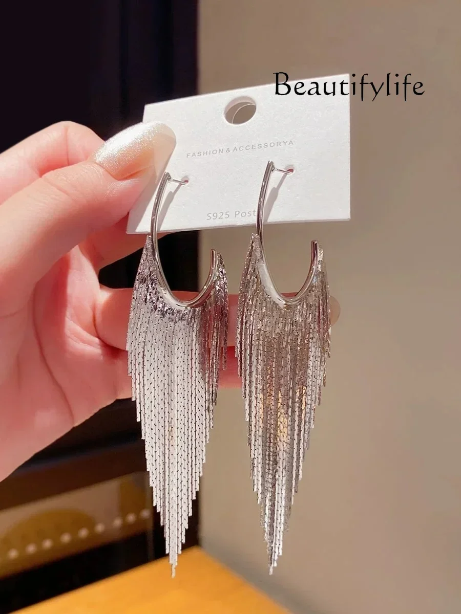 Sterling silver plated 18K exaggerated temperament long fringed earrings women's high sense