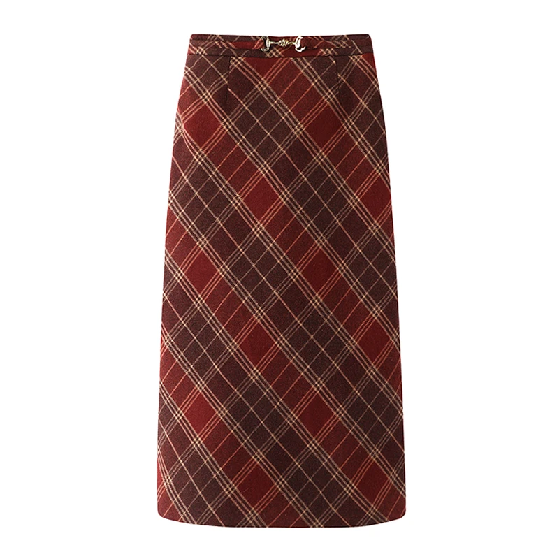 Vintage Elegance Red Plaid Woolen Skirt For Women Autumn Winter Fashion High-waist Slim A-line Mid-length Skirts Women Clothing
