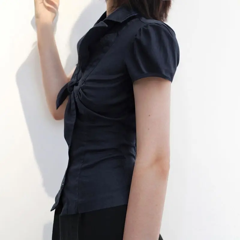 

Korejpaa French Elegant Women Shirt Solid Color Slim Waist Retro Shirts Elegant Pleated Slim Skinny Spice Short Sleeve Y2k Top