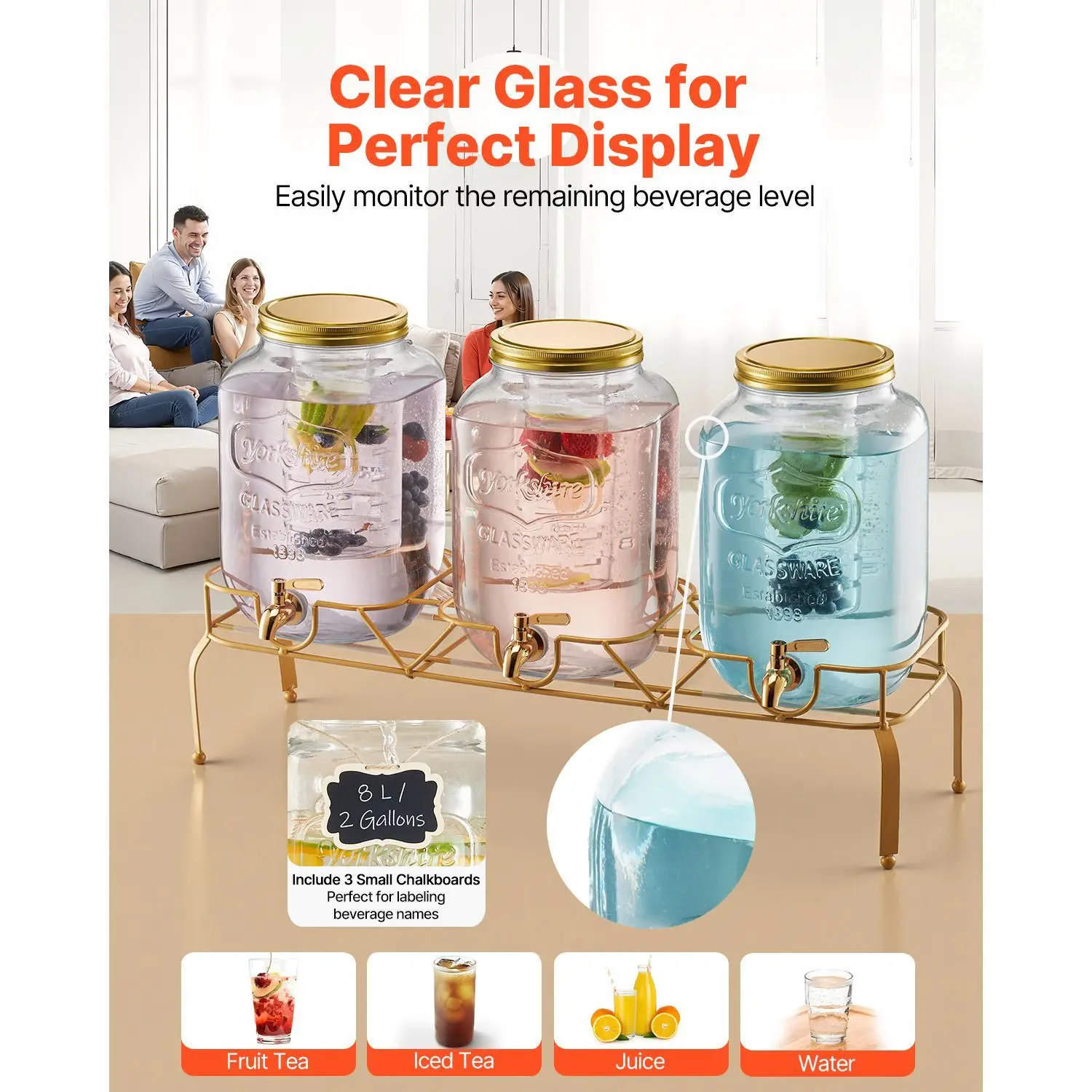 Beverage Dispenser, 3 Pack 2 Gallon Drink Dispensers for Parties, Glass Juice Dispenser with Metal Stand, Stainless Steel Spigot, Infuser, Iced Tea Lemonade Juice Water Dispensers for Parties