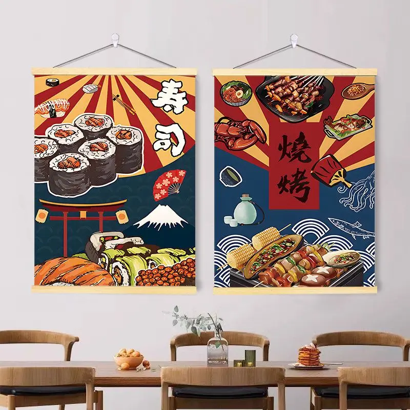 VIKAMA Japanese Sushi BBQ Food Wooden Hanger Tapestry Vintage Izakaya Poster Wall Hanging Restaurant Bar Kitchen Wall Decor