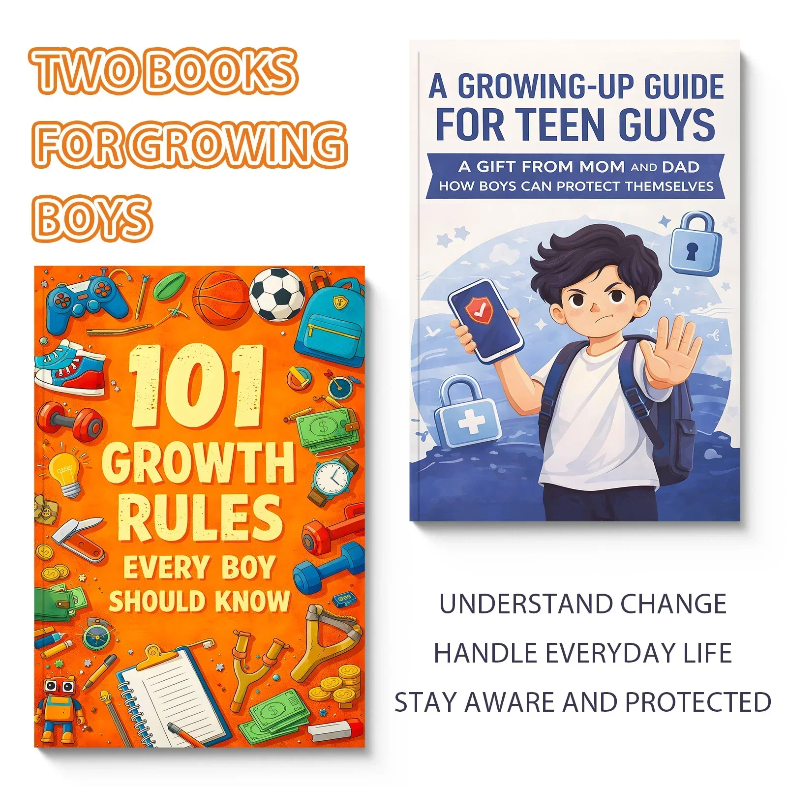 2-Book Growing-Up Guide for Boys, 101 Growth Rules and Teen Safety Handbook, Life Skills, Self-Protection, Confidence
