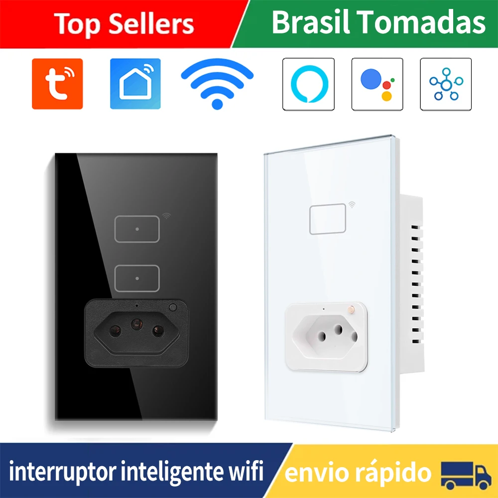 Tuya wifi smart switch and sockets BR, 118*72mm Tempered Glass Panel, 1/2gang Touch switch 220V Work with Google Home/Alexa