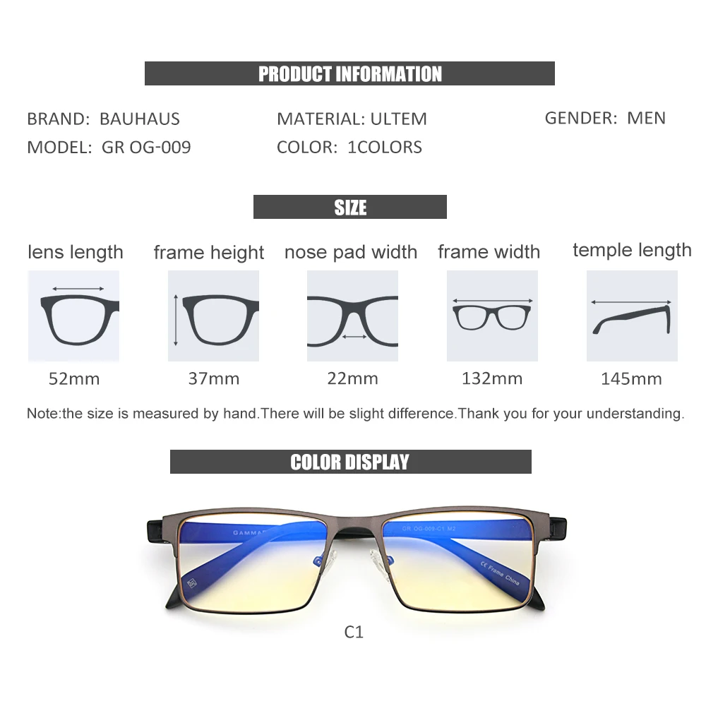 GR OG-009 Metal Square Computer Glasses Frame Women Men Anti Blue Light Eyewear Blocking Glasses Optical Spectacle Eyeglass